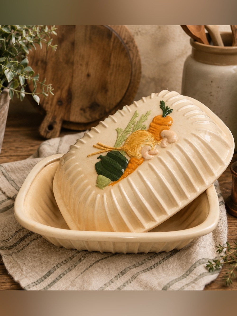 Vintage Handmade Ceramic Roaster with Vegetable Motif